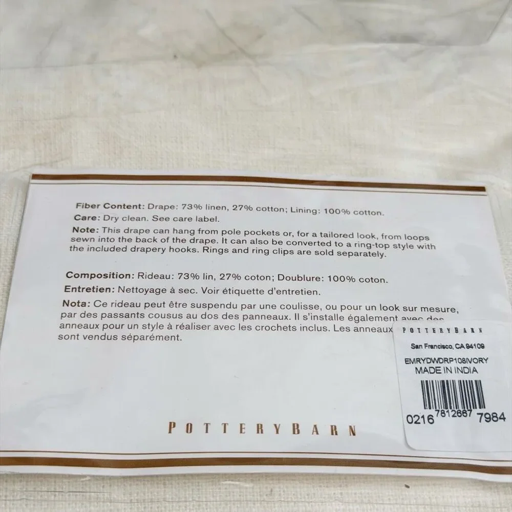 Pottery Barn Emery Linen Light Filtering Curtain NWT Ivory, 100